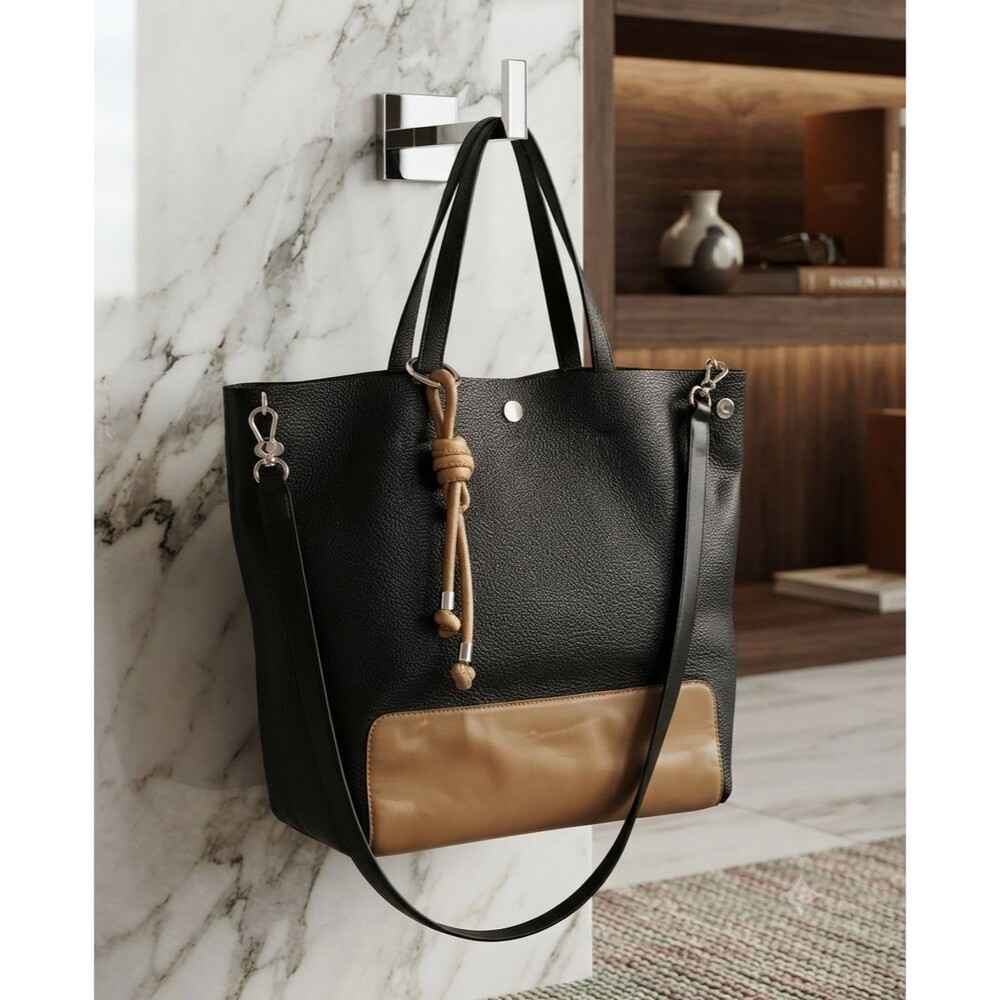 Vince Camuto Loula Black Pebbled Leather Tote Bag Tan Contrast Bottom Large